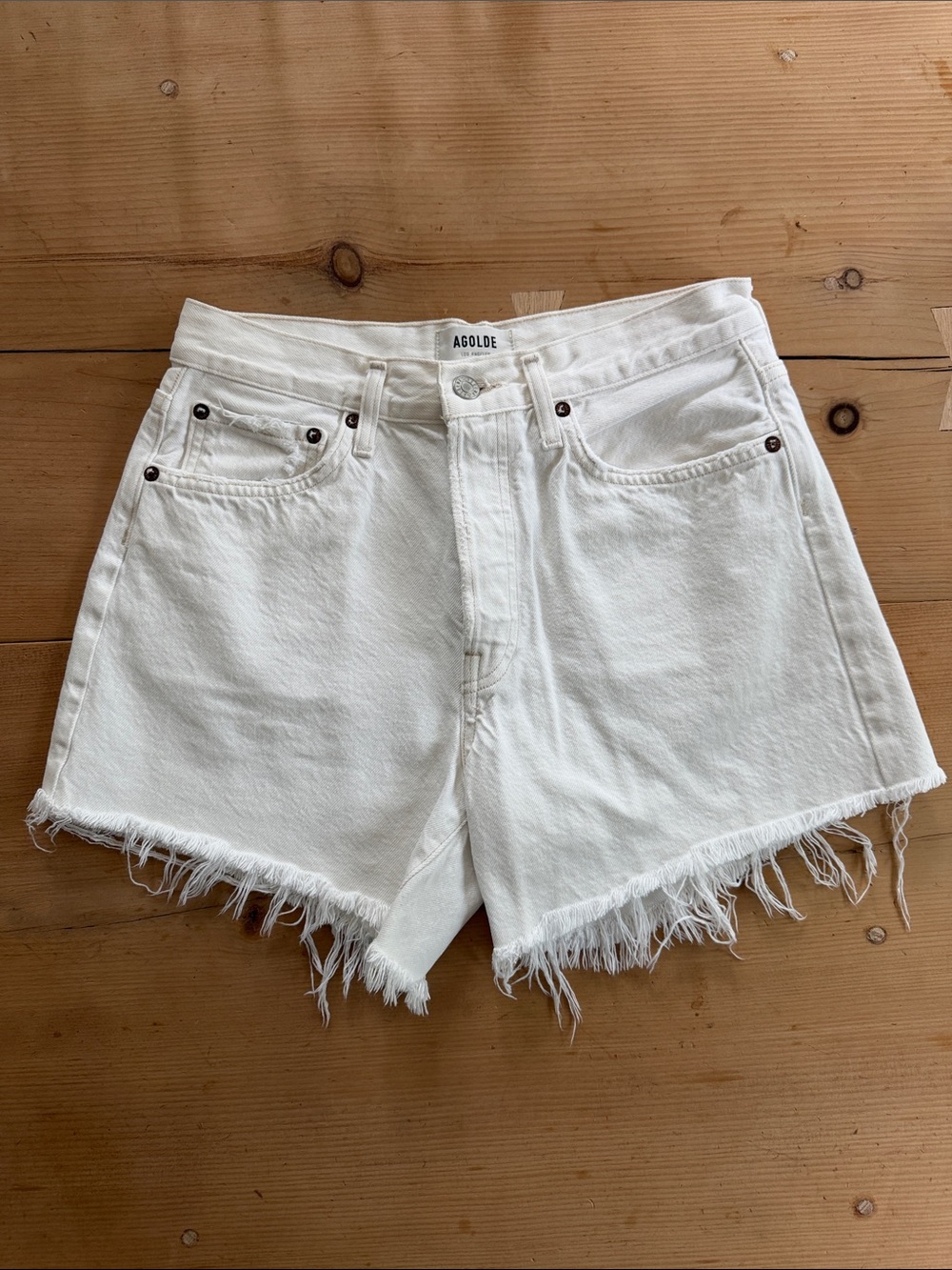 Agolde White Frayed Hem High-Rise Denim Shorts